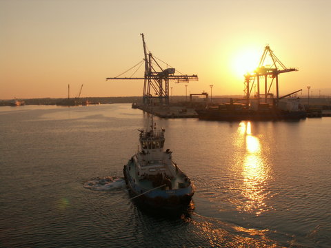 Sunset in the Mediterranean. View from the deck of a cruise liner. PORT OF LIMASSOL, CYPRUS. Tour from Limassol to Haifa, Israel