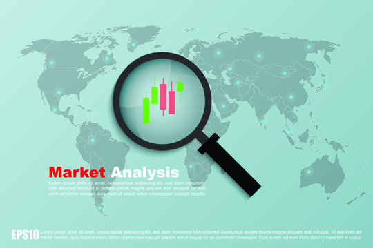 World Market Analysis with magnifying glass, world map and trading candlesticks