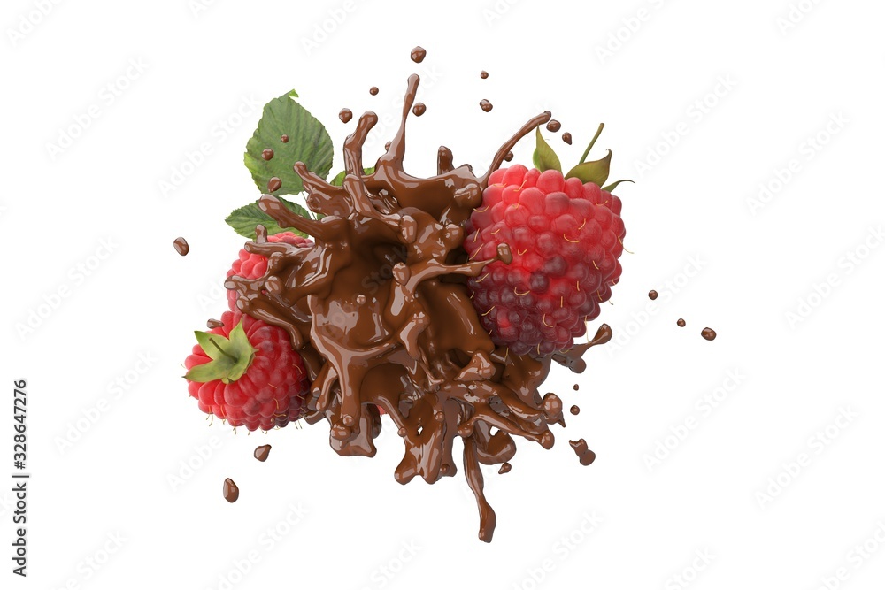 Poster explosion chocolate liquid with raspberry fruit on white background. 3d render.