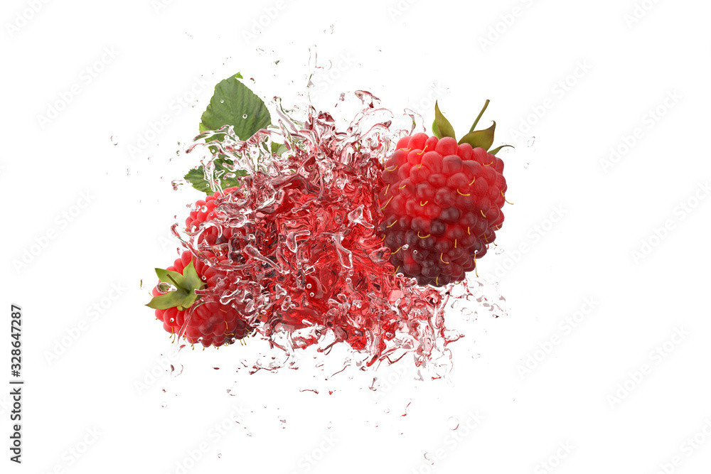 Poster explosion raspberry juicy liquid with raspberry fruit on pink background. 3d render.