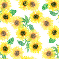 Fototapeta na wymiar Watercolor botanical sunflower wild garden foliage leaves Floral background for textiles Liberty sweet style fabric, covers, manufacturing, wallpapers, print, gift wrap