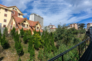 Sapa town viewing from tourist mountain tram, the transporation to Fansipan cable car station in Sapa town, Vietnam