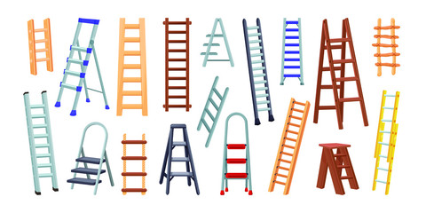 Collection of aluminum and wooden ladders with stairs. Cartoon vector illustration isolated on white background
