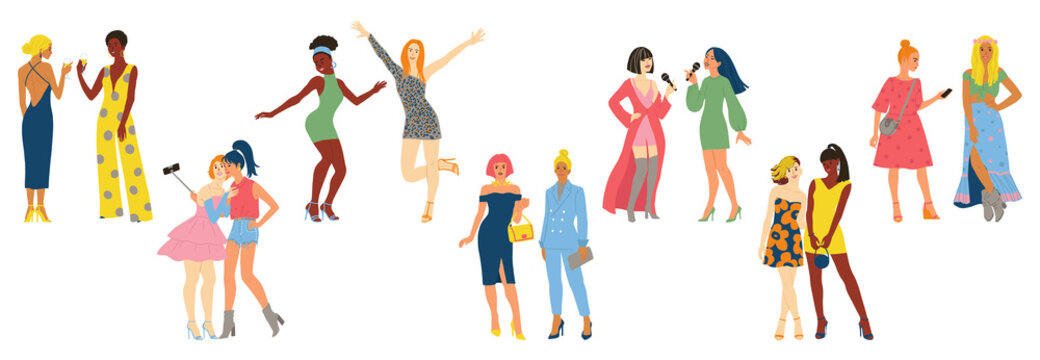 Group of female cartoon characters on the party. Dancing, chatting, drinking, singing, taking selfie women. Isolated flat vector illustration