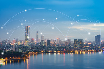 Smart city and wireless communication network concept. Digital network connection lines of Hanoi...