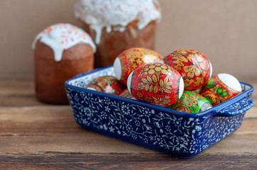 Easter. Colorful eggs on the table.