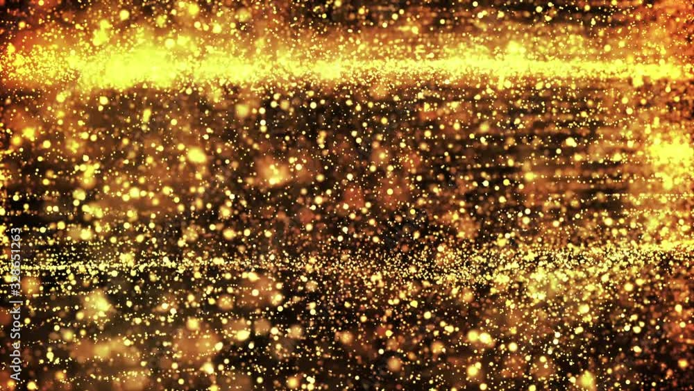 Poster gold glowing particles flow in viscous liquid and bright glisten. science fiction. 4k 3d sci-fi back