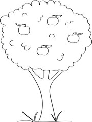 Apple tree - fruit tree painted in the modern doodle style, coloring book for children. Icon for garden magazine, outline drawing symbol.