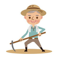 鍬で畑仕事をする年配の農夫