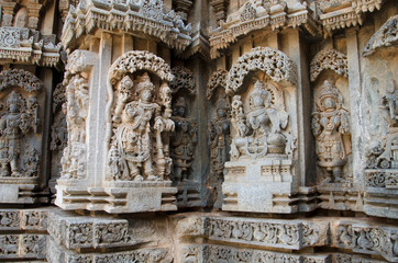 Carved idols on the Chennakesava Temple, is a Vaishnava Hindu temple, Somanathapura, Karnataka,...