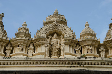 Fototapeta na wymiar Carved idols on the outer wall of the Ranganathaswamy Temple, Srirangapatna, Karnataka, India