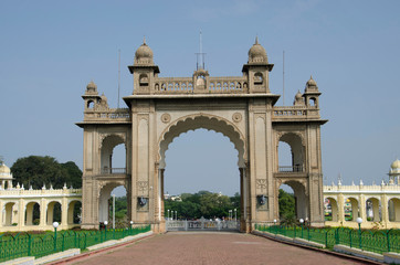 Fototapeta na wymiar One of the entrance gate of the Mysore Palace, is a historical palace and a royal residence, Mysore, Karnataka, India