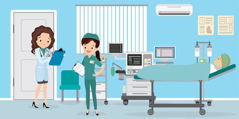 Doctor and nurse visiting female patient at hospital ward.