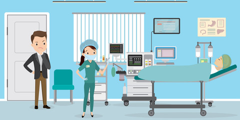 Male and nurse visiting female patient at hospital ward,Room with medical furniture