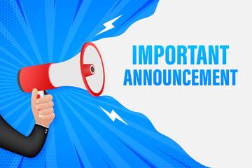 Hand Holding Megaphone with important announcement. Megaphone banner. Web design. Vector stock illustration.