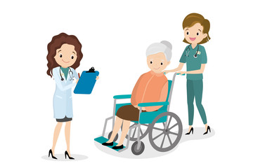 Happy old woman in a wheelchair and female doctor and nurse