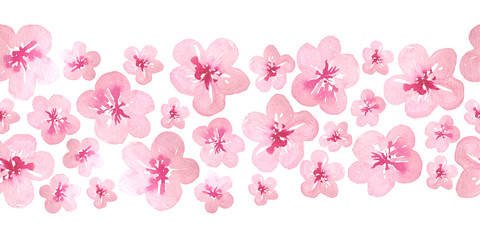Watercolor hand drawn seamless horizontal border with pink cherry sakura flowers blossom bloom. Japanese Chinese Asian plant concept delicate elegant soft floral design illustration. Botanical cute © Marina Lahereva