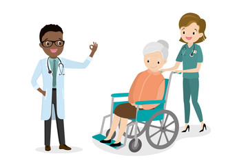 Happy old woman in a wheelchail,male african american doctor and nurse,