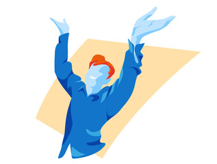 Giovane ragazzo gioioso, sorridente e felice con le mani su