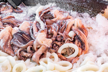 Fresh seafood on ice at the fish market.