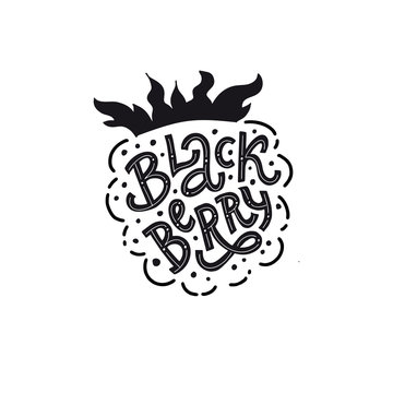 Blackberry Lettering- Hand-drawn vector flat cartoon illustration on an isolated white background. Great berry print for labels, juice or jam packs.
