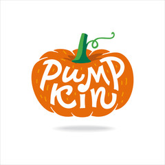 Pumpkin Lettering- Hand drawn vector flat cartoon illustration on isolated white background. Great vegetable Halloween print for labels, Pumpkin pie for Thanksgiving Day