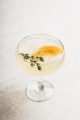 Tasty and little  bitter lemon cocktail with slice of fresh lemon and thyme. Selective focus. Shallow depth of field.