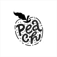 Peach Lettering- Hand-drawn vector flat cartoon illustration on an isolated white background. Great fruit print for labels, juice or jams packs.