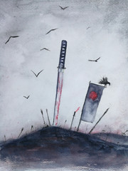 watercolor japanese samurai sword in the war and birds flying in sky.	