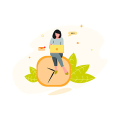Fototapeta premium Vector cartoon of a business woman sitting doing her work to catch a deadline. Modern design with flat illustration concept suitable for background, wallpaper, banner, cover, business, poster.