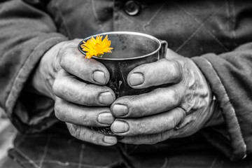 Working men's hands. A man holds a metal mug in his hands.