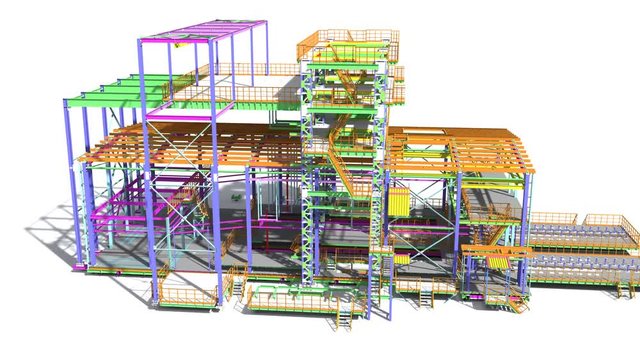 Animation of a BIM model of a building structure made of metal structures made by structural engineers. 3D design project.