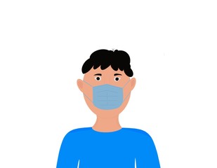 Hand draw cartoon man protection from virus wearing blue mask on he face in isolated white background 