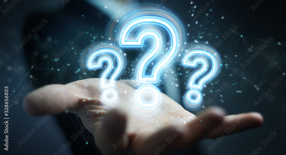Poster man using digital question marks holographic interface 3d rendering