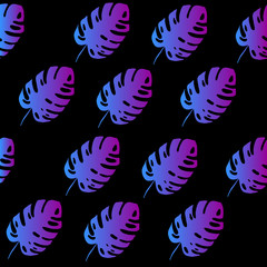 Stock vector illustration with a monstera leaf on a black background seamless pattern. Tropical summer background
