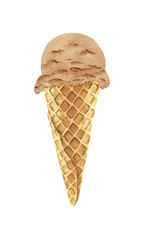 Watercolor ice cream chocolate ball in a waffle cone. Hand drawn illustration on a white background.