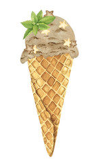 Watercolor chocolate ice cream with caramel and a sprig of mint. Hand-drawn illustration on a white background.