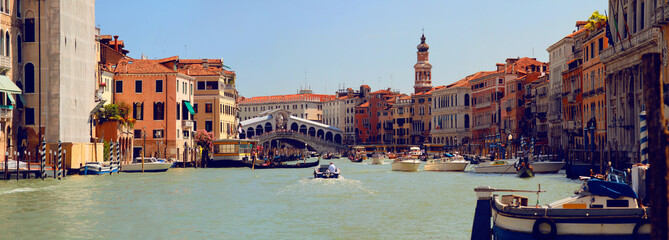 Panoramic view of Grand Canal (Canal Grande) with Rialto Bridge (Ponte di Rialto). Venice. Italy.