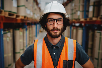 Portrait of confident young caucasian factory worker in white hardhat and protective suit with spectacles standing in industrial shop