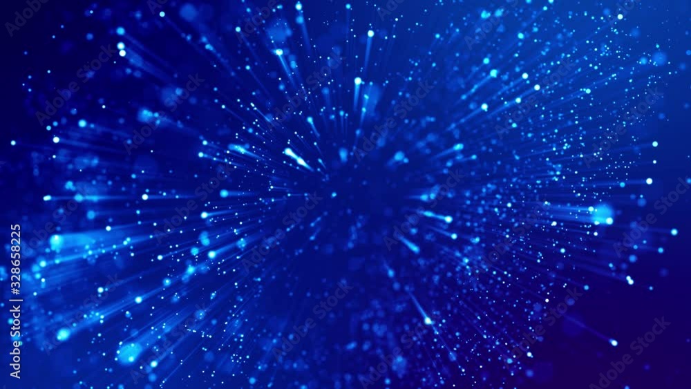 Poster blue shiny sparkling particles with light rays move in a viscous liquid. it is 4k 3d animation as mo