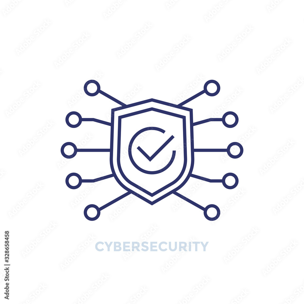 Poster cyber security line icon with shield and check mark