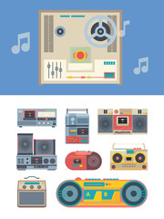 retro recorder. portable vintage audio players music gadgets collection. 80-s style vector illustrations isolated