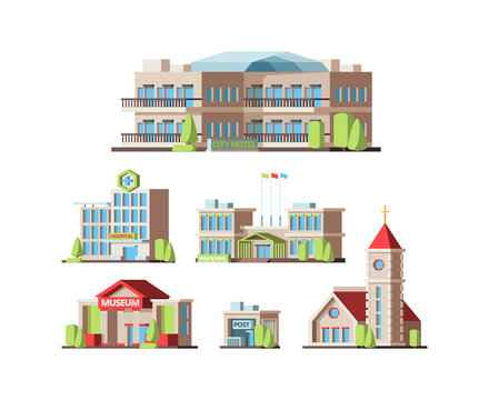 Municipal buildings. Urban houses hotel school hospital Institute post office and Church. Vector flat pictures