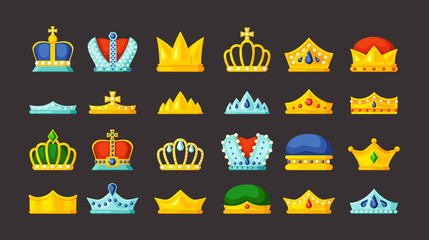 monarch symbols. golden diadems and luxury crowns with gems royal collection vector items for kings princes and queens