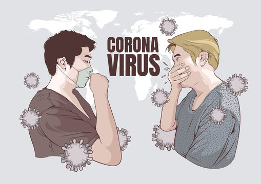 Coronavirus disease 2019, vector illustration of A man coughing and man in white medical face mask.