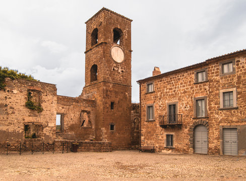 The square of the ghost village Celleno and the clock tower