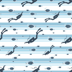 Underwater swimming. Scuba divers. Vector striped background, pattern. Silhouette diver. Concept of sports diving. Illustration isolated on a white background.