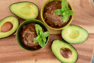 Vegan avocado chocolate mousse with mint leaf