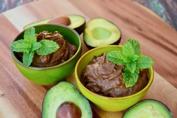 Vegan avocado chocolate mousse with mint leaf