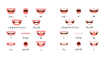 Mouth animation. Lip sync collection for animation. Cartoon mouth sync for sound pronunciation. Vector illustration in flat style